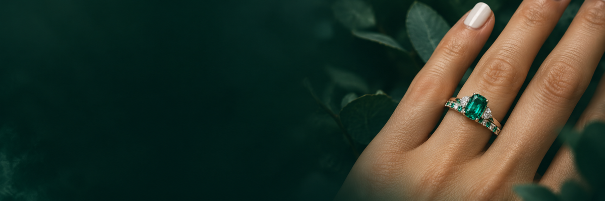 Bague en or sertie d'une émeraude et de diamants, portée à la main sur un fond de feuillage sombre