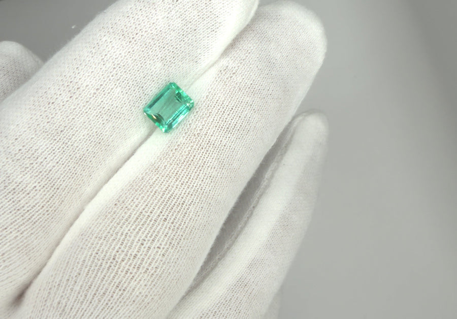 Cut Colombian emerald held in a gloved hand above its case