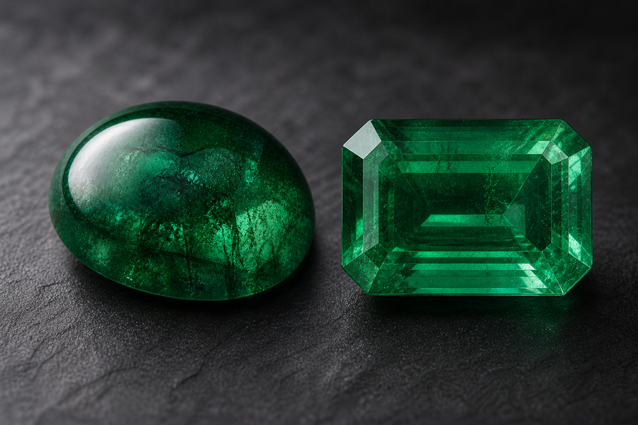 A cabochon emerald next to a faceted emerald in a step cut